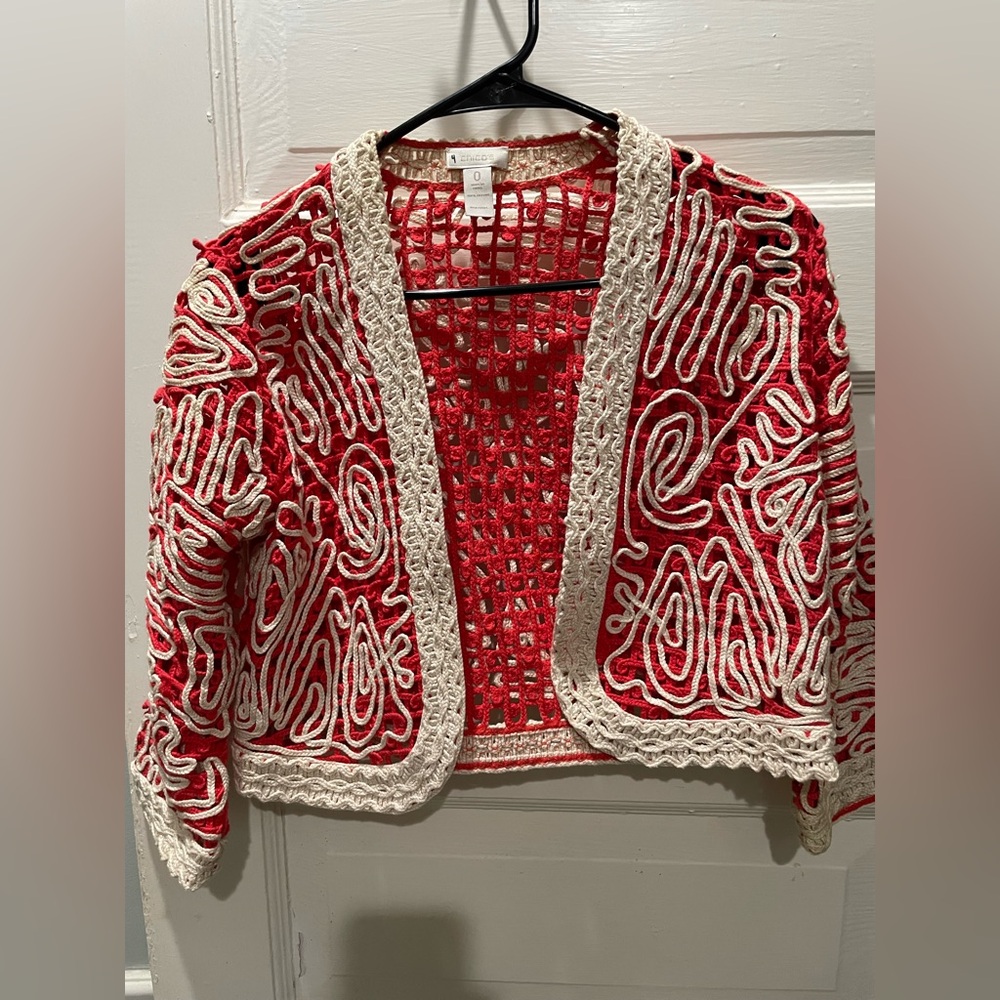 Chico's Red and Cream Open-Front Bolero Cardigan, Chicos size 0, Small